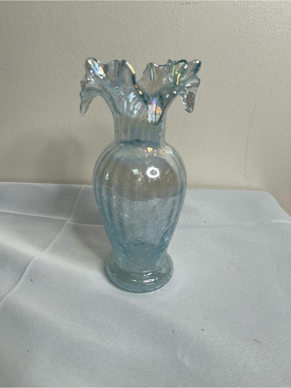 Vintage crackle Glass Ruffled Vase in Pale Blue by